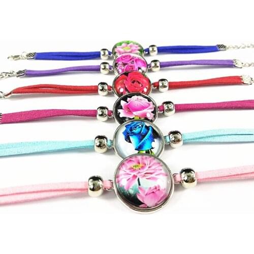 Jiangzimei 24pcs Red Blue Pink Rose Flower Lotus Glass cabochon Ethnic Style Retro Style Tassels bracelets for girls party