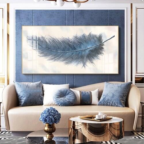 Nordic Grey Blue Feather Painting Modern Abstract Canvas Painting Wall Art Pictures for Living Room Aisle Big Size Prints Decor
