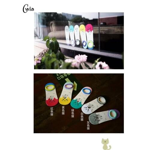 Small cat Cartoon Boat ankle low female Socks Woman Crystal Socks Full Cotton Invisible Glass Silk 24pcs=12pair ws121