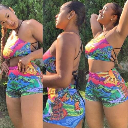 Echoine Colorful Print Lace Up Bandage Swimwear Halter Crop Top Shorts Set Two Piece Set Clubwear Outfits Summer Swimsuit Beach