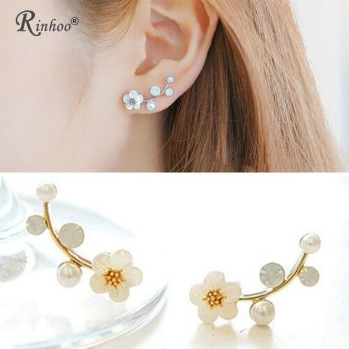RINHOO Fashion Korean Rhinestone Flower Ear Stud Earrings for Women Sweet Simulated Pearl Wedding Bride Jewelry Brincos Earrings