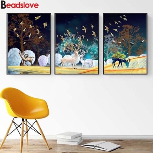 3 pcs set DIY Diamond painting Nordic Forest Deer Animal And Birds Landscape Full Square Round Cross Stitch 3d Embroidery beads