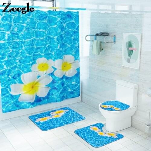 Home Decor Bath Mat and Shower Curtain Set and Waterproof Shower Curtian with Hook Memory Foam Toilet Seat Cover Mat Foot Mat
