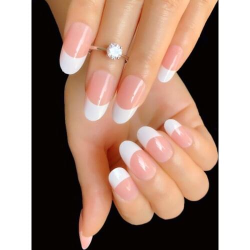 24Pcs Natural French Medium Long Round False Nails Acrylic Classical Full Cover Artificial Fake press on Nails With Glue Sticker