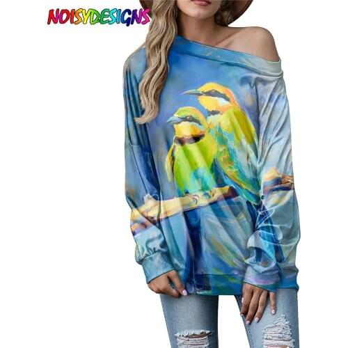 NOISYDESIGNS Oil Painting Parrot Printing Long Sleeve Loose One Shoulder T Shirt for Women Autumn Casual Fashion Top Tee