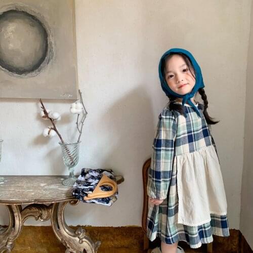 Girls' autumn and winter 2021 New Lace Collar Dress childrens check Korean womens dress kids clothes