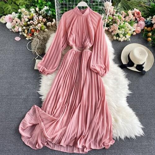 Long Sleeve Dress Spring High Waist Luxury Autumn Boho Embroidery Solid Pink Vintage 2021 Elegant Party Dresses Women A-Line