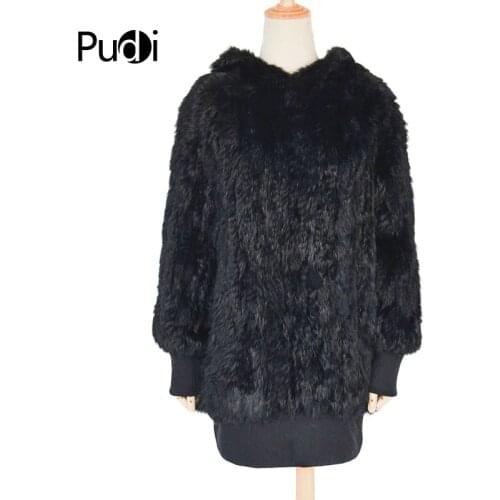 Pudi CT847 Women Rabbit Fur Coat With Fur Hood Brand New Autumn Winter Coat Ribbed Cuffs And Bottom Plus Size