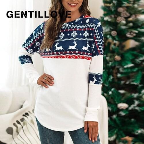 Christmas Elk Printed Women T-Shirt Long Sleeve O-Neck Female Tops Oversized Lady Clothes Holiday Casual Blouse Festival Outwear
