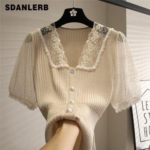 Mesh Short Puff Sleeve Stitching T-shirt Summer Korean Style Embroidered See-through V-neck Knitted T Shirt Bright Silk Slim Top