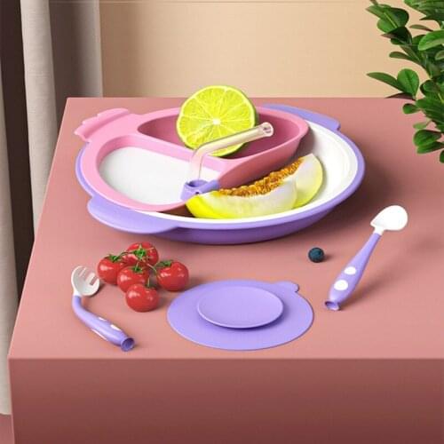 Silicone Childrens Tableware Twist Fork Spoon Baby Food Bowl Kids Compartment Plate