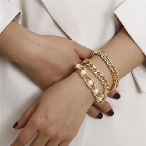 3Pcs/Lot Punk Thick Bracelet Bangle Chunky Heavy Metal Imitation Pearl Bracelet Wrist Chain Jewelry