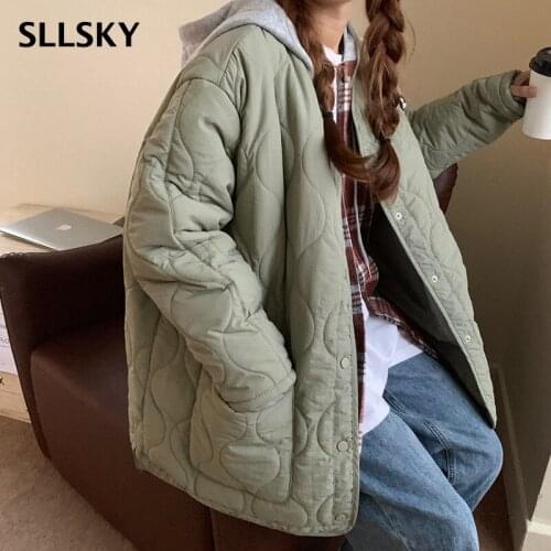 SLLSKY Casual Single Breasted Pocket Women Jacket Winter Lightweight Loose Female Parkas Coat Solid O-Neck Long Sleeve Outwear