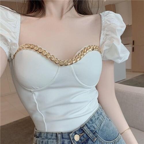 White Shirt Women Summer Short Puff Sleeved Square Collar Shirt Retro Slim Chain Chic Blouse for Women Fashion Blusas De Mujer