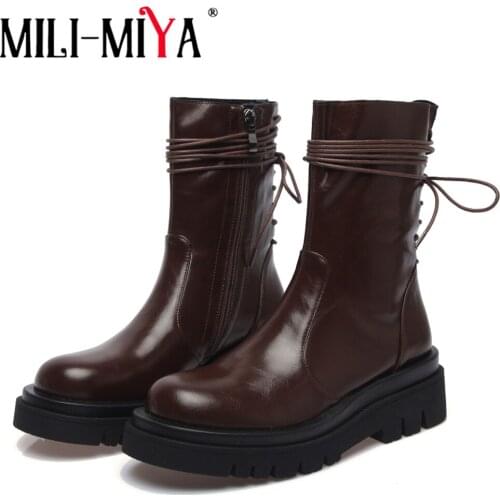 MILI-MIYA 2021 New Lace Up Zipper Ankle Boots Women Thick Bottom Round Toe Genuine Leather Black Brown All Match Platform Shoes
