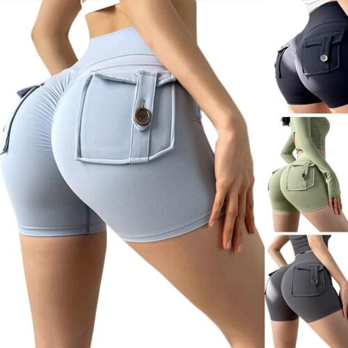 Women High Waisted Skinny Yoga Shorts Solid Color Butt Lifting Ruched Workout Cargo Hot Pants Flap Pockets Gym Leggings