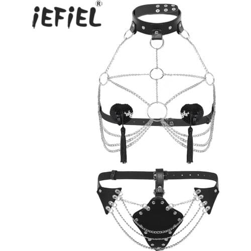 Womens Lingerie Exotic Sets Open Bust Body Chest Harness Chain Bikini Top with Buckles Underwear Femme Sexy Nightclub Clothes