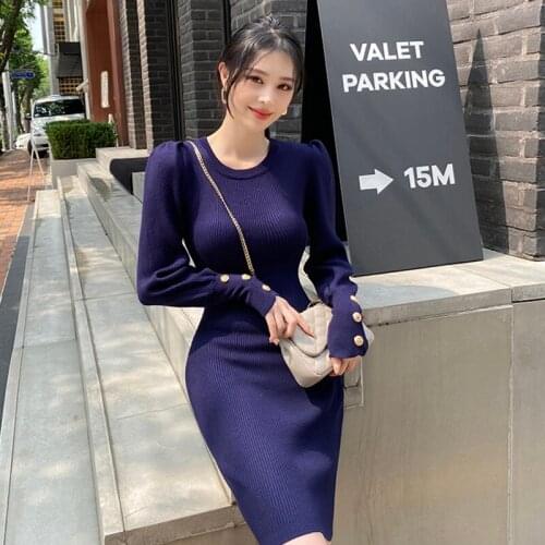 Blue Black Puff Long Sleeve Slim Dress Women Korean Fashion Single Breasted Autumn Winter 2021 Kintted Elegant Dresses