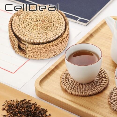 6Pcs Round Placemat Drink Coasters Bowl Pad Handmade Rattan Weave Tableware Placemat Dish Mat Kitchen Decoration Accessories