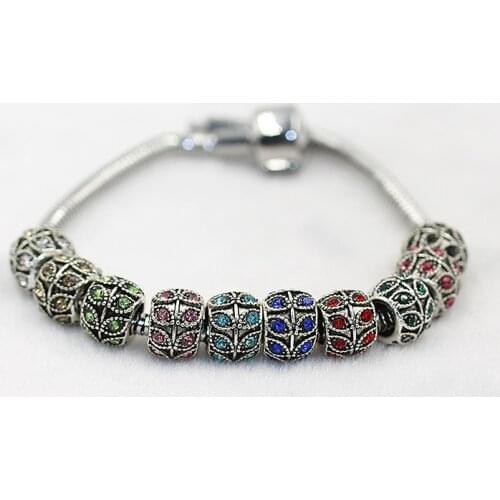 Free Shipping Alloy peacock point crystal bead Leaves charms with Crystal Charm Beads Fit dora Bracelets & Bangles Jewelry H21