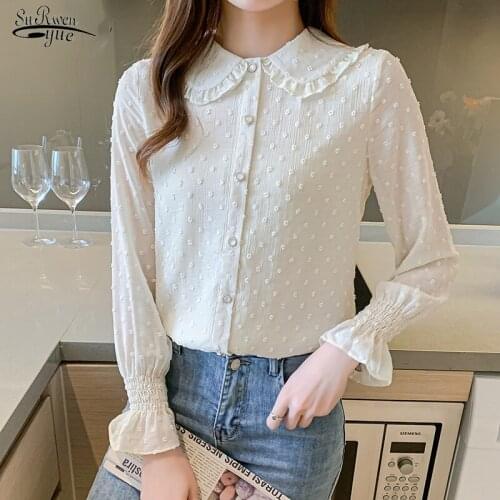 2021 Sweet Peter Pan Collar Polka Dot Blouse Autumn Button Chiffon Shirt Apricot Long Sleeve Loose Top Lady Clothes Blusas 16964