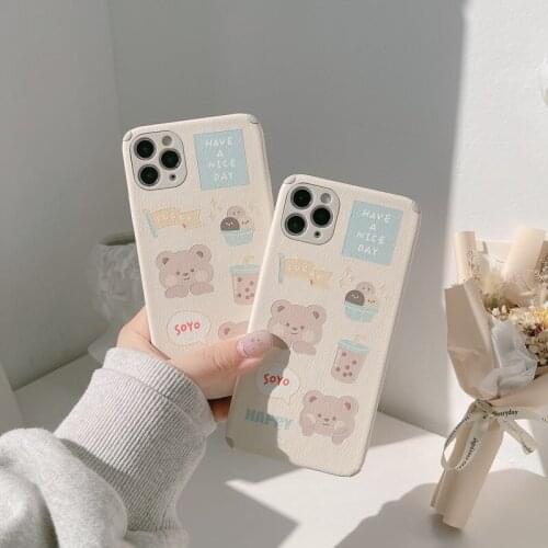 2021 Cartoon Milk Tea Bear Case For iPhone 12min 11ProMax SE2020 X XS XSMAX XR 7 8 7Plus 8Plus Lambskin Cover