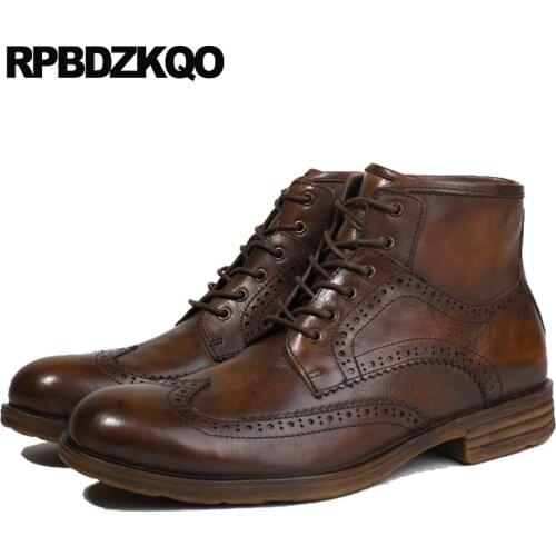 Business oxford wingtip handmade dress full grain leather boots designer party ankle high top brogue genuine formal shoes brown