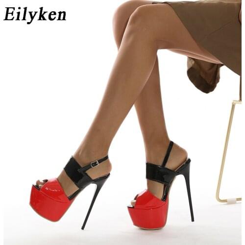 Eilyken Summer Fashion Peep Toe Ultra High Thin Heels Mixed Colors Patent Leather Shallow Buckle Strap Party Ladies Sandals