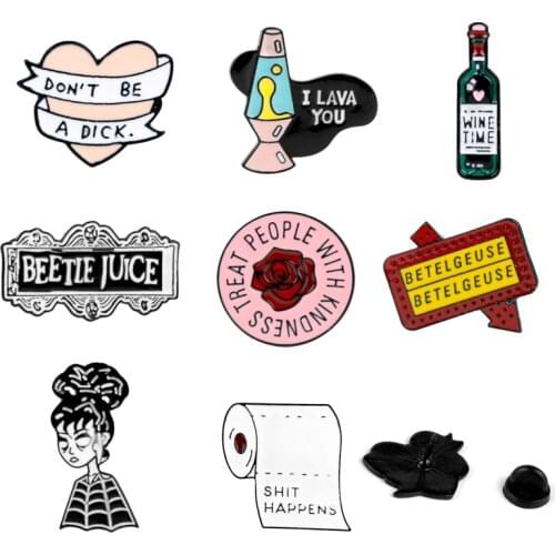 Cartoon Enamel Pin Brooches for Women Men Shirt Rose Heart Wine Bottle Brooch Trendy Trinket Jewelry Gift
