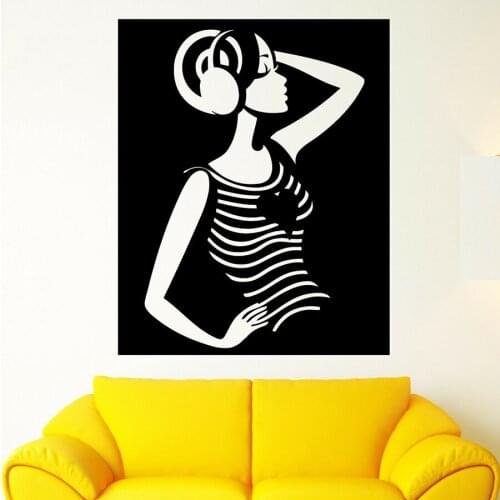 Beautiful Girl Wall Decal Heart Listen Music Stereo Headphones Vinyl Window Decal Woman Bedroom Living Room Home Decor Art M725