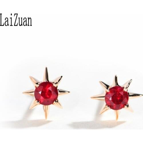 LaiZuan Real 14K Rose Gold Certified Round 0.20ct Genuine Natural Ruby Engagement Stud Earrings Lady Exquisite Fine Jewelry Gift