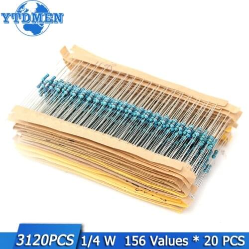 3120pcs 156 Value 1/4 watt Metal Film Resistor Assorted Kit,1% resistor samples pack 1 ohm-10M ohm DIY Electronic components set