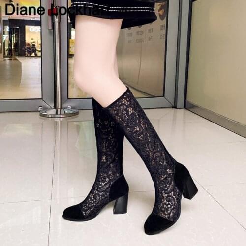 Fashion Women Knee High Boots Square heel Zipper Sexy Lace Mesh Boots Spring Cool Boots Breathable Womens Shoes Botas De Mujer