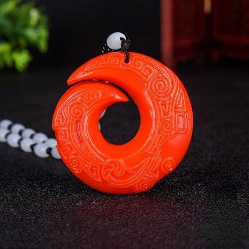Natural Red Jade Rune Pendant Necklace Beads Chinese Double-sided Carved Fashion Charm Jewelry Accessories Amulet Men Women Gift