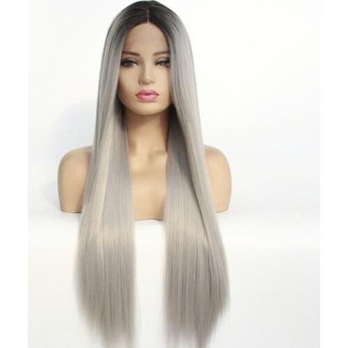 Natural Long Straight Wig Ombre Silver Grey Heat Resistant Hair Black to Light Gray for Women Synthetic Lace Front Party Wigs