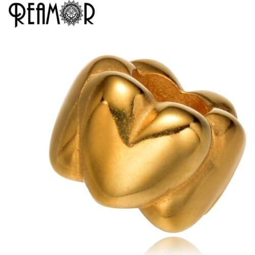 REAMOR Gold-color 316l Stainless Steel Heart Love European Big Hole Spacer Beads Charm Fit Women Bracelet Jewelry Making DIY