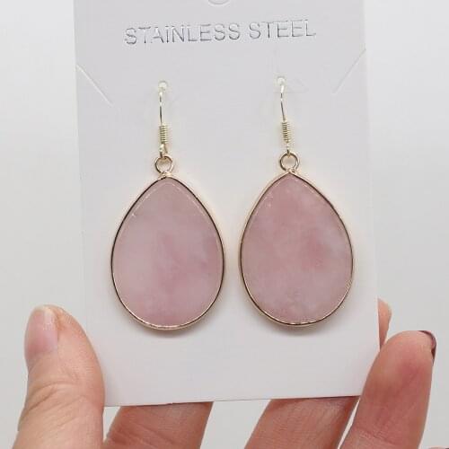 Natural Stone Earring Water Drop Round Shape Reiki Heal Pink Quartzs Crystal Dangle Earring Fashion Jewelry for Women Party Gift
