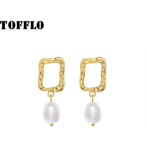 TOFFLO Stainless Steel Jewelry Palace Style Irregular Geometry Freshwater Pearl Earrings Womens Elegant New Year Earrings F362