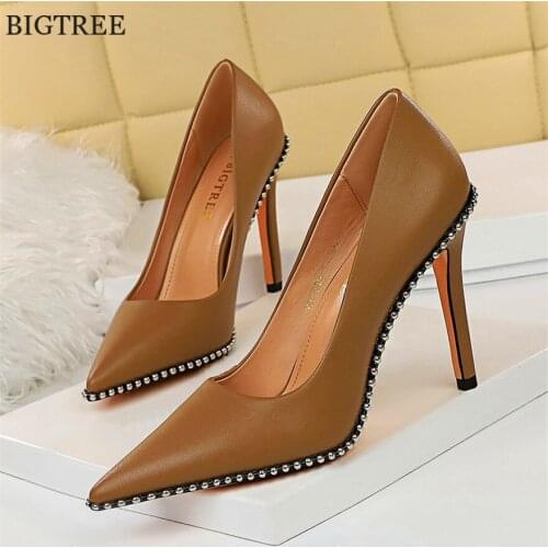 Sexy Rivets String Bead Shoe for Women Party Soft Leather Pointed Toe High Heels Spring Shallow Office Shoes Woman Pumps 2021