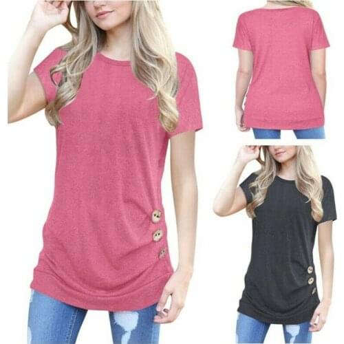Womens Short Sleeve Button Decoration T-Shirts Crewneck Leisure Classic Tops D