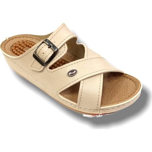 Overhead Women Beige Cross Buckled Massage Featured Sole Wedges Slippers 12236-Stylish design-Convenient-Quality