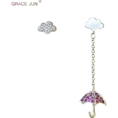 GRACE JUN New Unique Design Clouds Umbrella Shape Clip on Earrings No Pierced for Girls Cute Long Chain Cushion Earrings Brincos