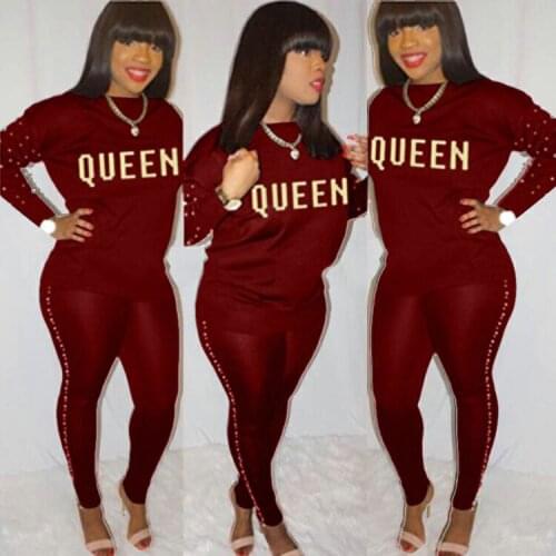 Autumn New Pearls Two Piece Sets Women Full Sleeve Tops And Skinny Pants Matching Sets Fashion Letter Print Tracksuit Women Sets