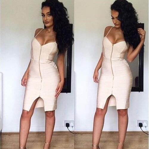High quality Rayon Sexy Club Women Clothing Bandage Zip Front Sheath Dress Midi Bodycon Lady Vestidos