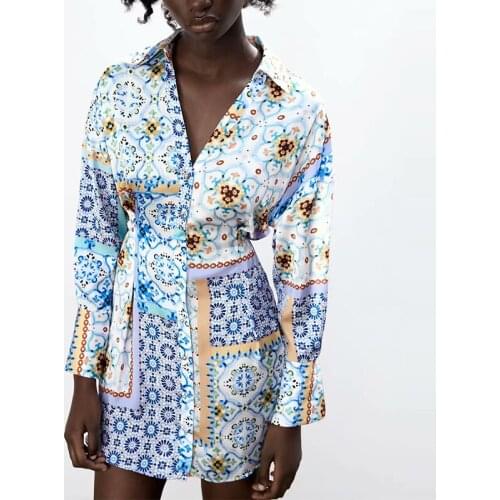 Za 2021 Fashion Women Print Shirt Dress Long Sleeve Office Ladies Mini Dress with Slash Vestidos OZZ1079
