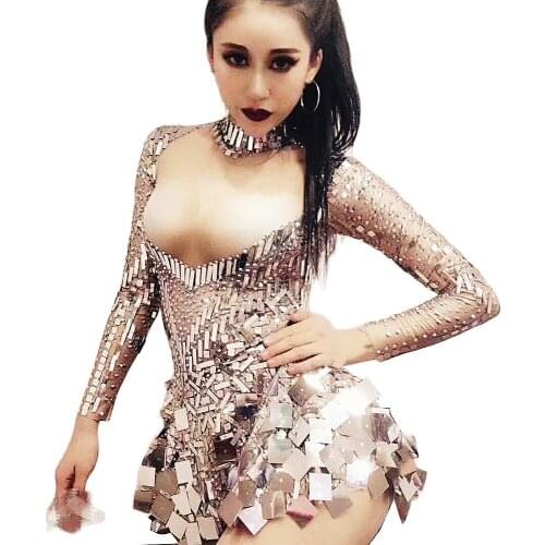 Bling Sequin Long Sleeve Mini Dress Evening Prom Party Diamond Birthday Celebrate Women Dress Nightclub DJ Singer Dance Costume