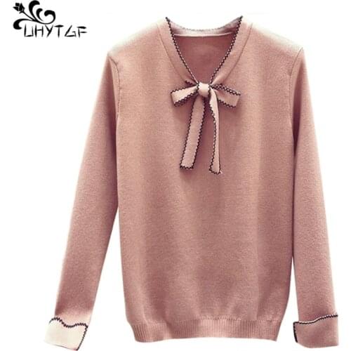 UHYTGF Winter women sweater V Neck fashion Pullover Loose Tops womens Jumpers Autumn 4XL Plus size Lady Womens Sweatshirts X665