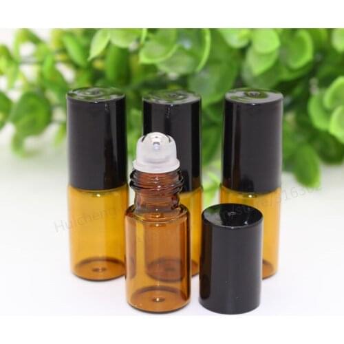 300 x Portable Empty 3ML Amber Small Cute Refillable Glass Perfume Roll on Bottle deodorant containers with black lid