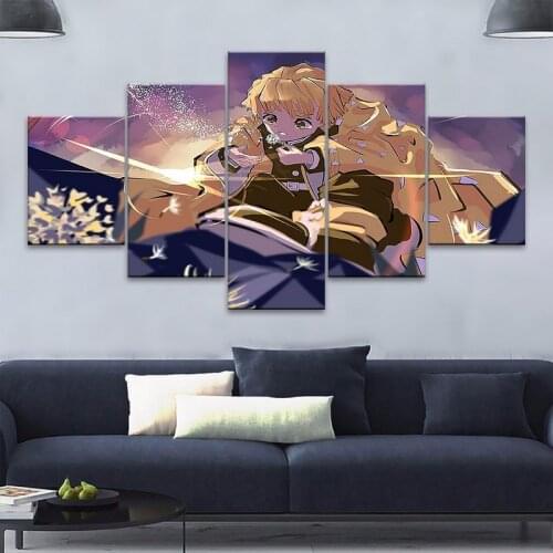5 Pieces Canvas Painting Demon Slayer Kimetsu No Yaiba Agatsuma Zenitsu Print Poster Wall Art Modular Picture Bedroom Home Decor