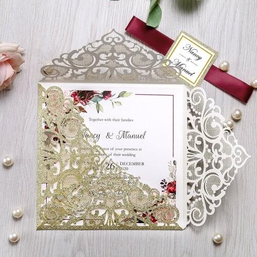 50pcs Custom Square Laser Cut Glitter Gold Wedding Invitations with Envelope for Wedding, Party